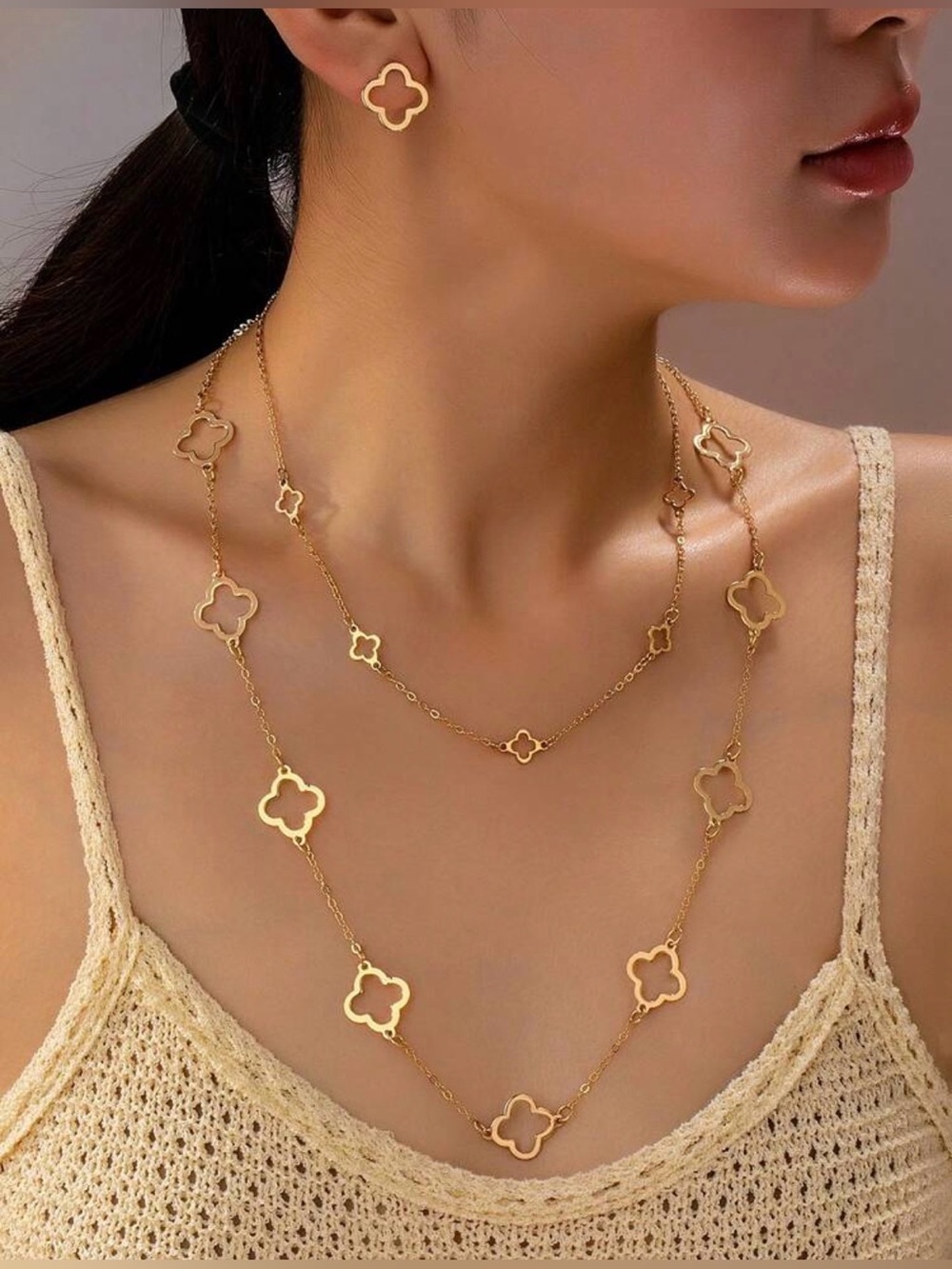Gold Clover Motif Long Necklace, Short Necklace and Stud Earrings Set